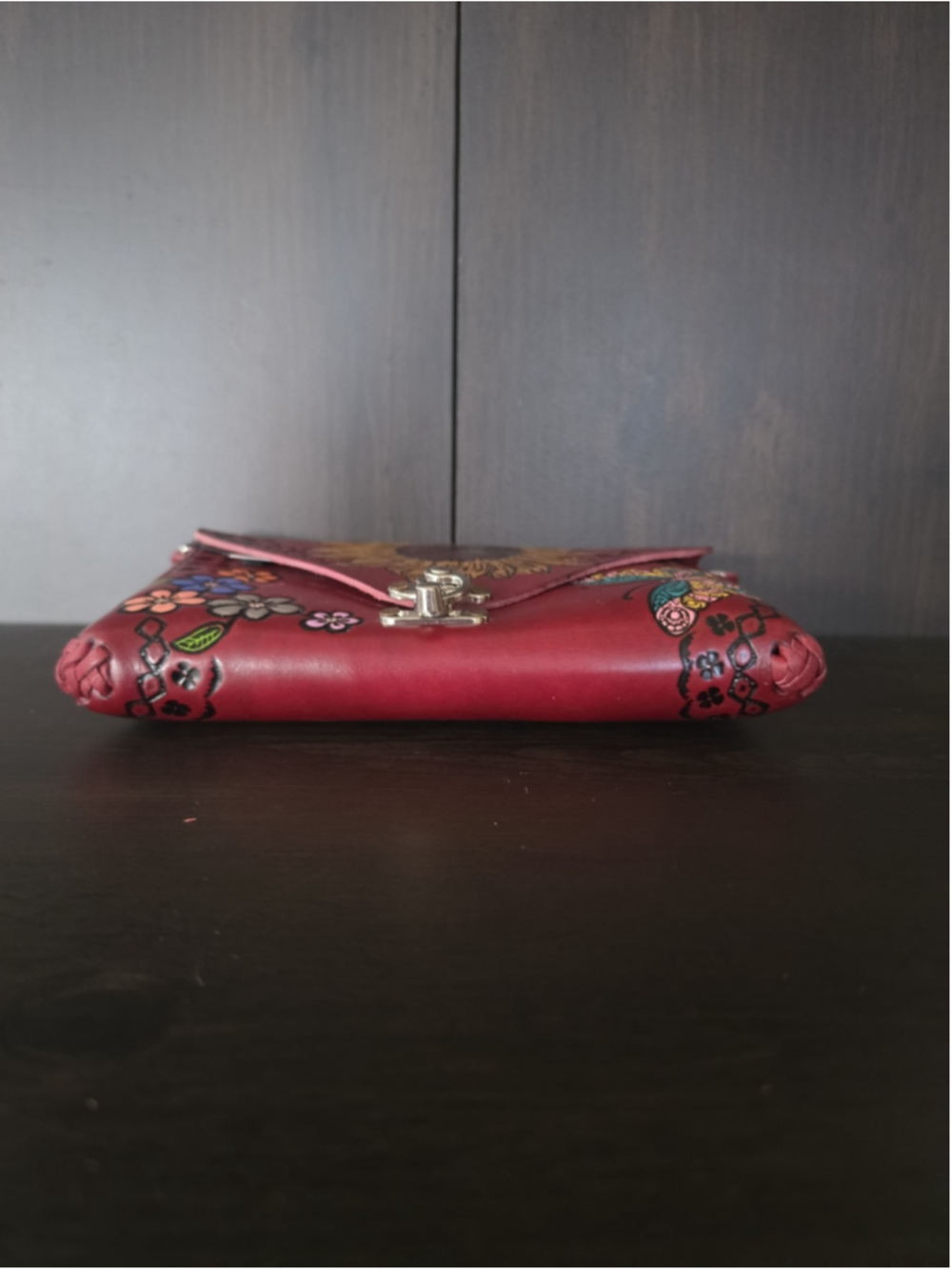 Sunflower Butterfly Red Wine Embossed Tooled Artisan LEATHER Crossbody Purse Bag - Picture 11 of 16